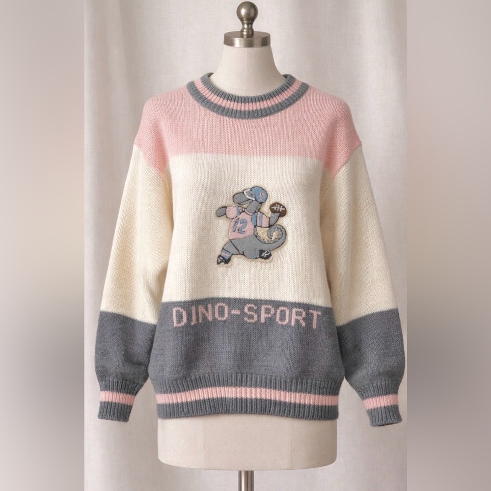 Vintage 80s - Pink  and Gray Dinosaur football emblem Sweater